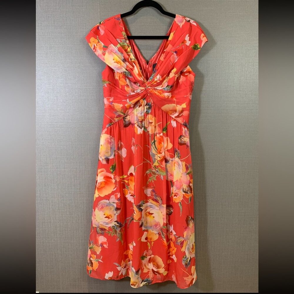 Adrianna Papell Coral Multi Floral Printed Front Twist Midi Chiffon Dress - Picture 3 of 11